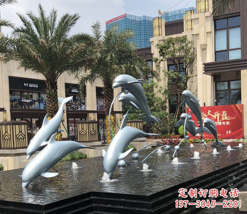 嘉兴不锈钢海豚跳跃喷泉雕塑美丽的艺术装置