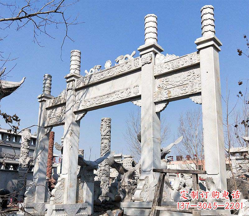 嘉兴村口三门石牌坊石雕 (2)
