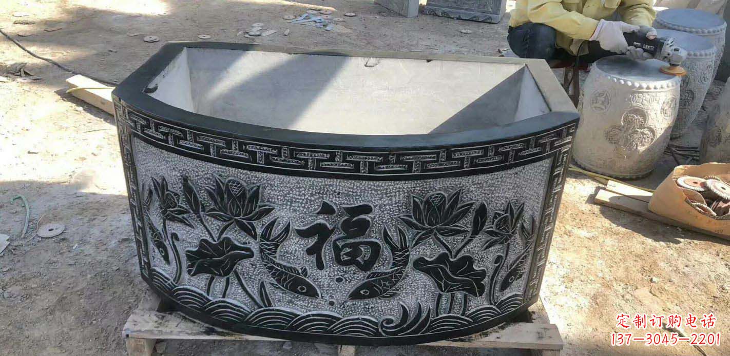嘉兴精致方口石浮雕水缸雕塑