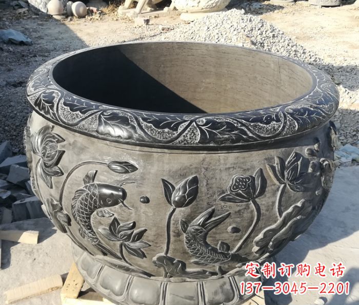 嘉兴青石仿古雕塑荷花水缸