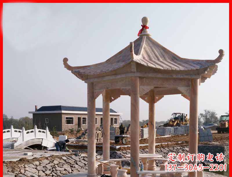 嘉兴公园晚霞红六角石雕凉亭 (2)