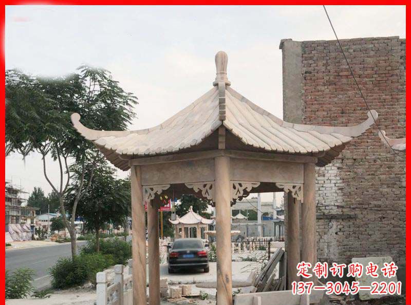 嘉兴公园晚霞红六角石凉亭雕塑