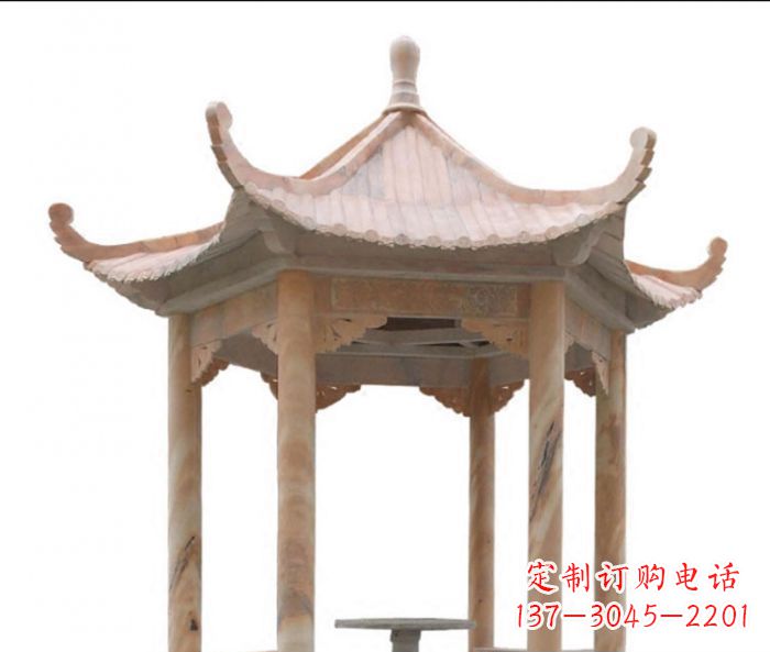 嘉兴美丽而优雅的公园晚霞红六角石凉亭雕塑