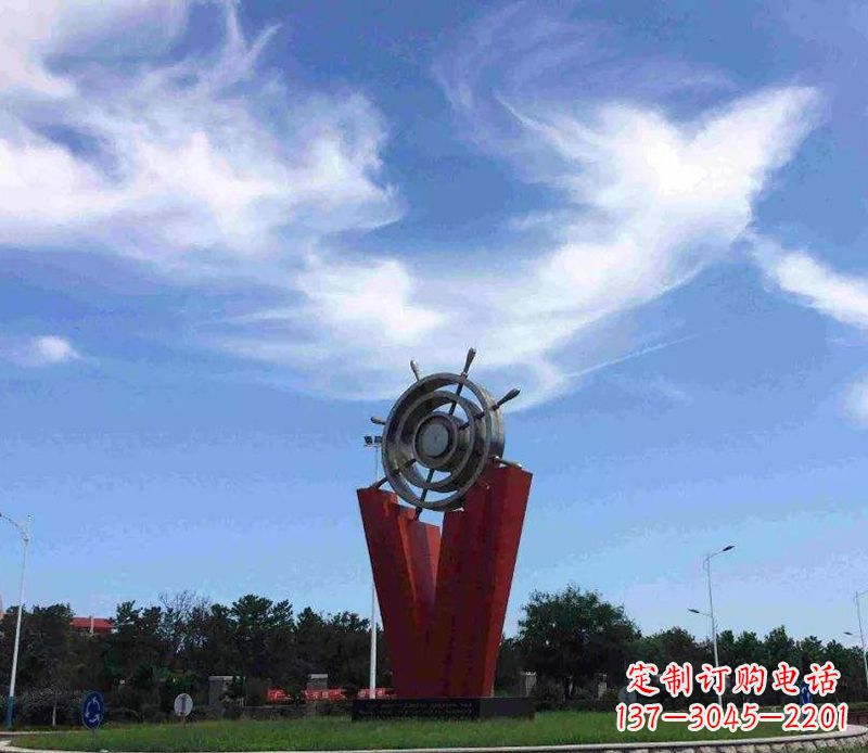 嘉兴海上风情,精致大气的不锈钢船舵雕塑