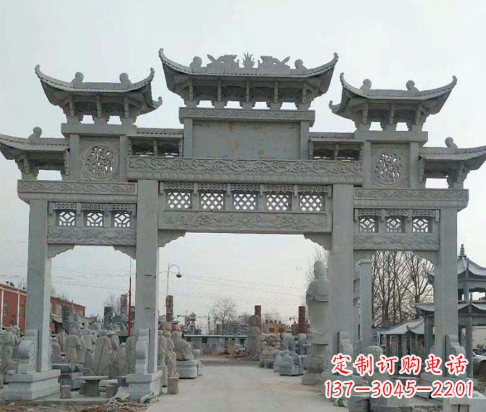 嘉兴三门牌坊石雕,精美汉风石雕装饰景区