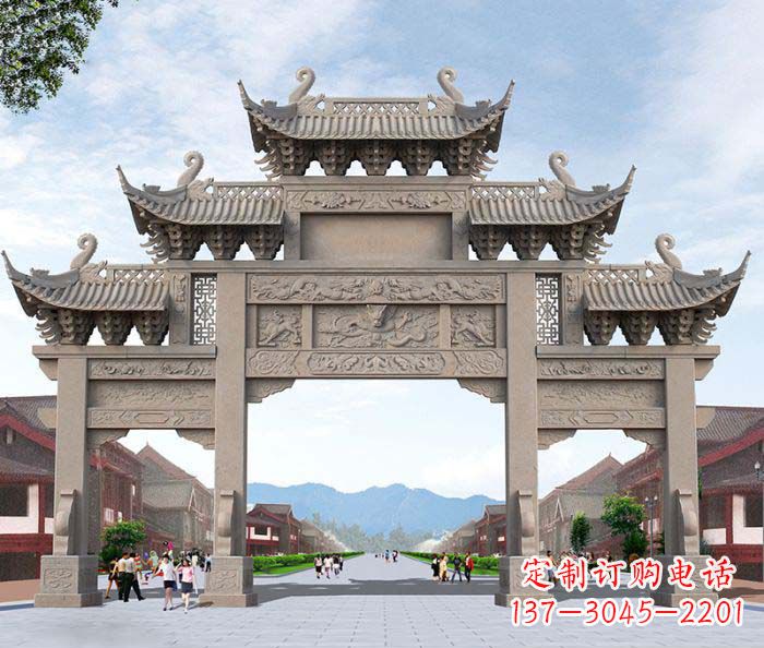 嘉兴景区三门石雕牌楼——精美雕塑定制