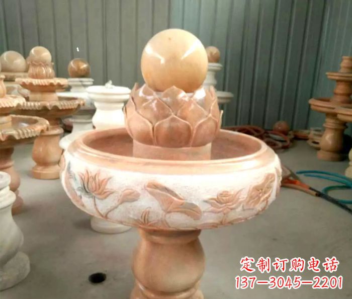 嘉兴石来运转晚霞红风水球喷泉石雕