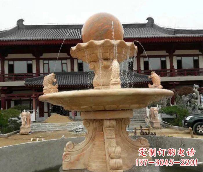 嘉兴双层风水球喷泉晚霞红石雕