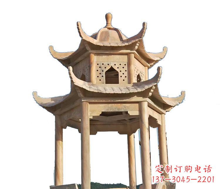 嘉兴双层晚霞红凉亭石雕 (2)