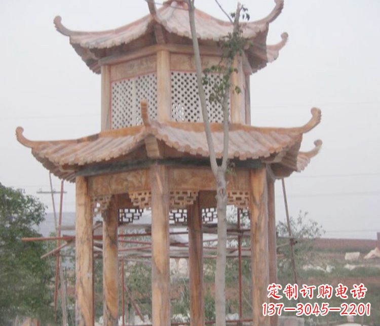 嘉兴双层晚霞红石凉亭石雕 (2)