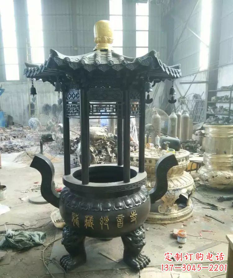 嘉兴寺庙圆香炉铜雕 (2)