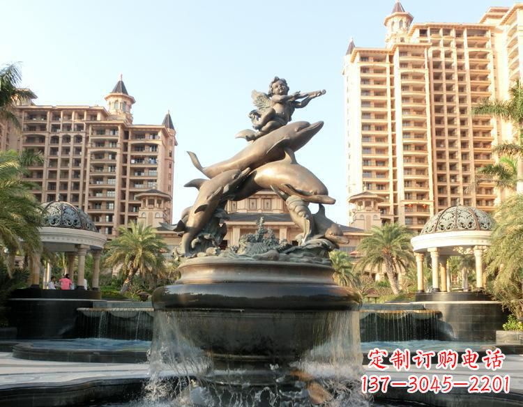 嘉兴跳跃的海豚和小天使喷泉铜雕