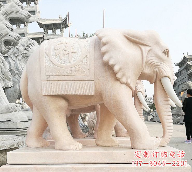 嘉兴晚霞红吉祥如意大象石雕