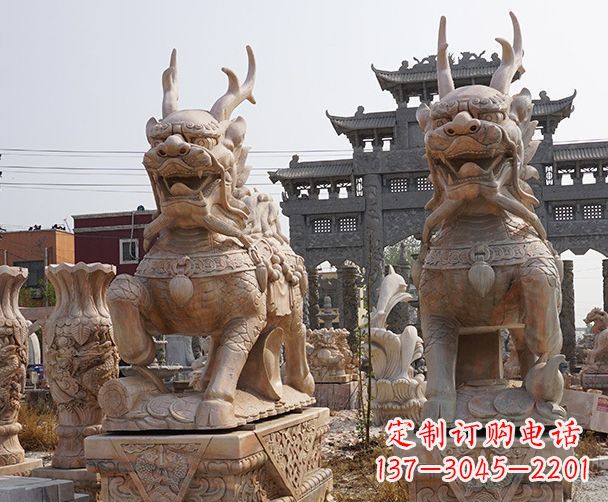 嘉兴晚霞红瑞兽麒麟石雕 (2)