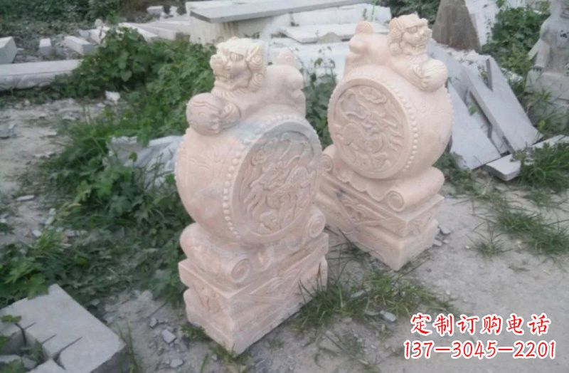 嘉兴晚霞红狮子门墩石雕
