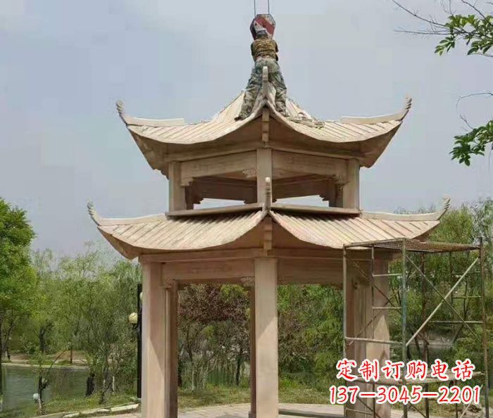 嘉兴晚霞红双层凉亭石雕 (2)