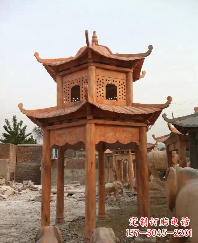 嘉兴晚霞红双层凉亭石雕