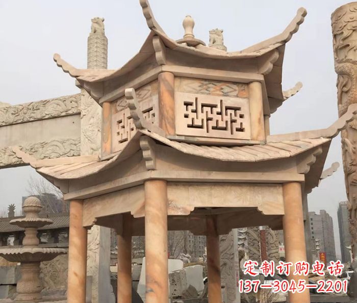 嘉兴晚霞红双层石雕凉亭