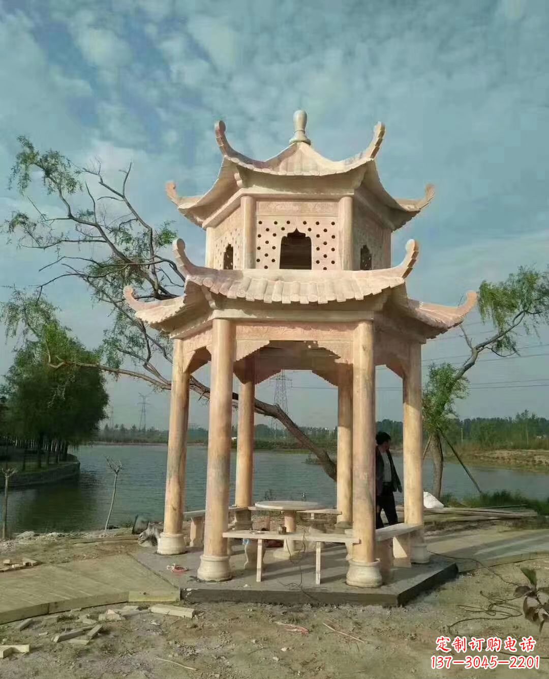 嘉兴晚霞红双层石凉亭 (2)