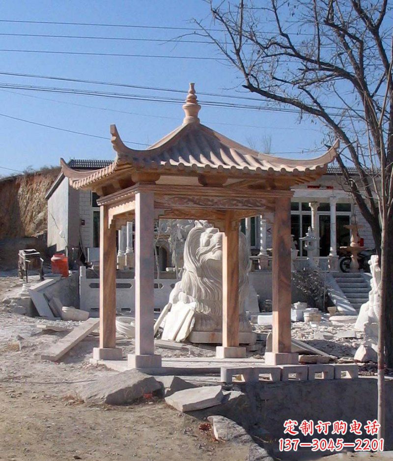 嘉兴晚霞红四角凉亭景观石雕