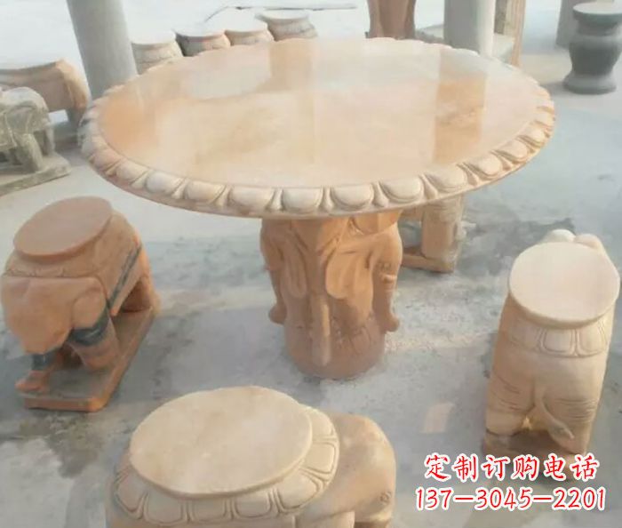 嘉兴晚霞红小象桌凳别墅石雕 (2)