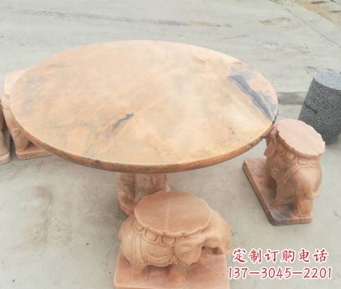 嘉兴晚霞红小象桌凳别墅石雕 (4)
