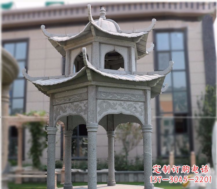嘉兴小区大理石六角石雕双层凉亭