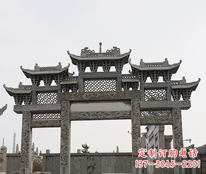嘉兴园林仿古三门牌坊石雕 (4)